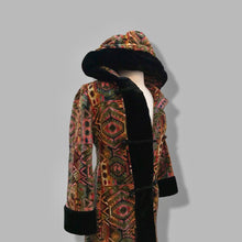 Load image into Gallery viewer, 60’s 70’s Vintage Carpet Coat Needlepoint Hooded Sherpa Trim Fit and Flare