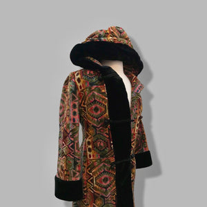 60’s 70’s Vintage Carpet Coat Needlepoint Hooded Sherpa Trim Fit and Flare