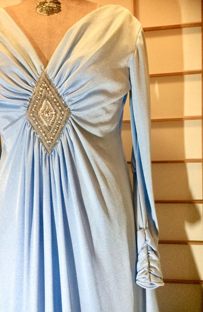 70s Grecian Greek Goddess Dress --Powder Blue Empire Waist Silky Slinky Extra Long Dress L/XL Wedding Dress 70s Grecian Greek Goddess Dress --Powder Blue Empire Waist Silky Slinky Extra Long Dress L/XL Wedding Dress