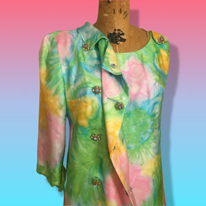 60’s Shift Dress and Coat Set by I. Magnin Pastel Floral Pink Blue Crystal Buttons