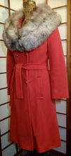 Load image into Gallery viewer, Orange Lilli Ann Coat Norwegian Silver Fox Fur Collar Wool Knit Trench Coat Double Breasted Vintage 60's S/M