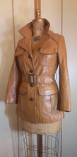 Load image into Gallery viewer, 70s Caramel Tan Leather Coat Vintage Women's Fit Flare Multi Pockets Career Boho Removable Sherpa Liner Montgomery Ward "short trench/spy"