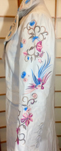 Load image into Gallery viewer, Floral White Leather Trench Spy Coat--Embroidered Floral Bird Pastel Design, Leather Spy Trench Fit Flare Penny Lane Twiggy Afghan M/L
