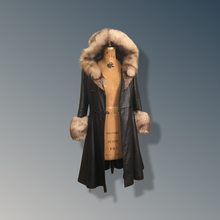 Load image into Gallery viewer, Vintage 70’s Leather Coat with Fox Fur Hood and Cuff Trim Princess Full Flare Skirt Rare OOAK 36/38 Bust Sargent Pepper Double Breasted
