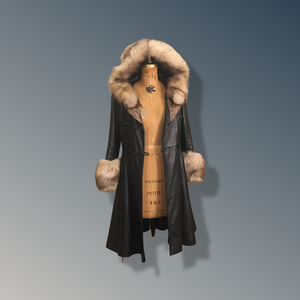 Vintage 70’s Leather Coat with Fox Fur Hood and Cuff Trim Princess Full Flare Skirt Rare OOAK 36/38 Bust Sargent Pepper Double Breasted
