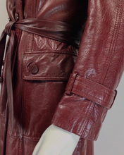 Load image into Gallery viewer, 70s Leather Trench Spy Coat Burgundy Maroon Oxblood Detailed Insulated S/M Sears