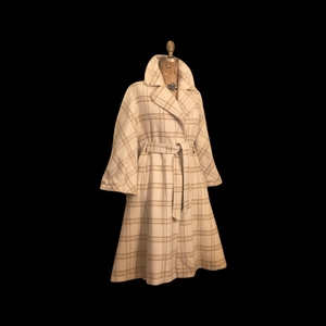 60’s Cream White Plaid Wrap Wool Fit Flare Coat Neutral Natural Colors Belted