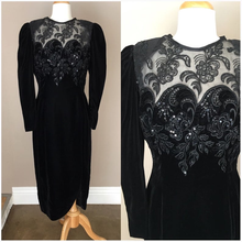 Load image into Gallery viewer, 80s 40s Velvet Embroidered Dress Sheer and Sequined Puff Sleeve Slit Bottom Asymmetrical Size M Prom Cocktail