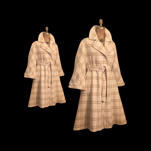 60’s Cream White Plaid Wrap Wool Fit Flare Coat Neutral Natural Colors Belted