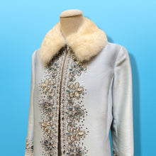 Load image into Gallery viewer, 60’s “Jackie Kennedy Style” Full length Opera Gown Coat in Light Blue Hand Beaded Crystal and Ermine Mink Trim