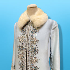 60’s “Jackie Kennedy Style” Full length Opera Gown Coat in Light Blue Hand Beaded Crystal and Ermine Mink Trim