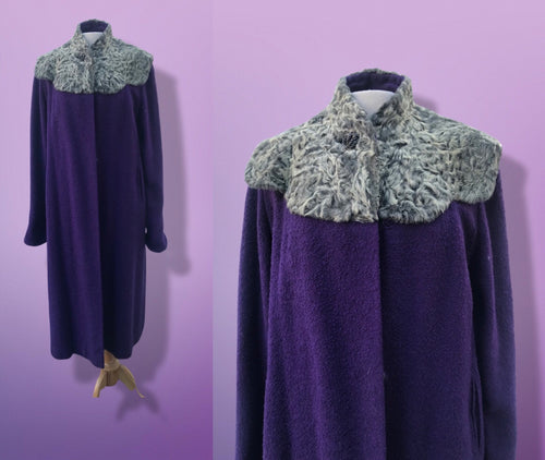 40’s 50’s Purple Long Boucle Coat with Curly Lamb Fur