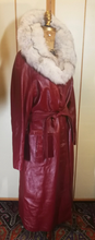 Load image into Gallery viewer, 70s Deep Red Leather Trench Coat with Fox Fur Collar Spy Rain Coat L/XL Hippy Boho