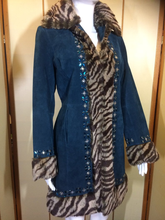 Load image into Gallery viewer, Teal Blue Suede Jeweled Afghan Coat- Tiger Faux Fur Faux Shearling 70s Penny Lane Almost Famous S/M Boho Hippie Hippy Russian Princess