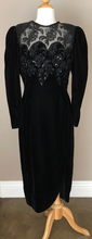 Load image into Gallery viewer, 80s 40s Velvet Embroidered Dress Sheer and Sequined Puff Sleeve Slit Bottom Asymmetrical Size M Prom Cocktail