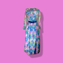 Load image into Gallery viewer, 60s Floral Maxi Dress Pastel Spring Velvet Bow Jackie O Ruffle Full Length Hostess Dress Party Hostess S/M