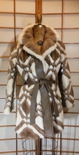 Load image into Gallery viewer, 60s Geometric Mink Leather Coat --Mod Mosaic Mink White and Brown Patchwork ColorBlock Coat S/M