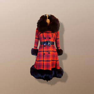 60’s Scottish Knit Plaid Red LIlli Ann Coat with Fox Fur Trim