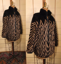 Load image into Gallery viewer, Vintage Women Men Unisex 80s Reversible Mink Chevron Black Leather Bomber Coat Jacket Glam Wear Two Ways Versatility