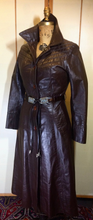 Load image into Gallery viewer, 70s Leather Trench Spy Coat Fit and Flare Princess Brown XS/S Duster Hippy Hipster Boho Chic Duster