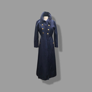 60’s Long Blue Trench Coat Full Length Double Breasted Waterproof Wood Design