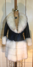 Load image into Gallery viewer, 60s Mod Black Leather Coat and White Sheep Shearling Princess XS/S Penny Lane Almost Famous Boho Mod