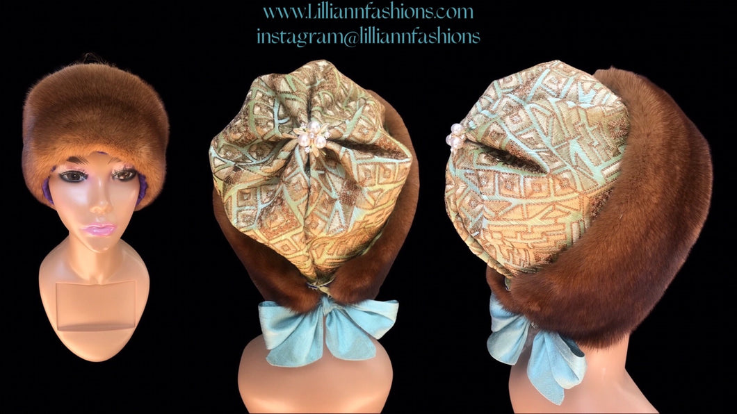 Whiskey Mink Himalayan Hat Fur Embroidered Light Blue Green Golden Embroidered Silk