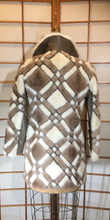 Load image into Gallery viewer, 60s Geometric Mink Leather Coat --Mod Mosaic Mink White and Brown Patchwork ColorBlock Coat S/M