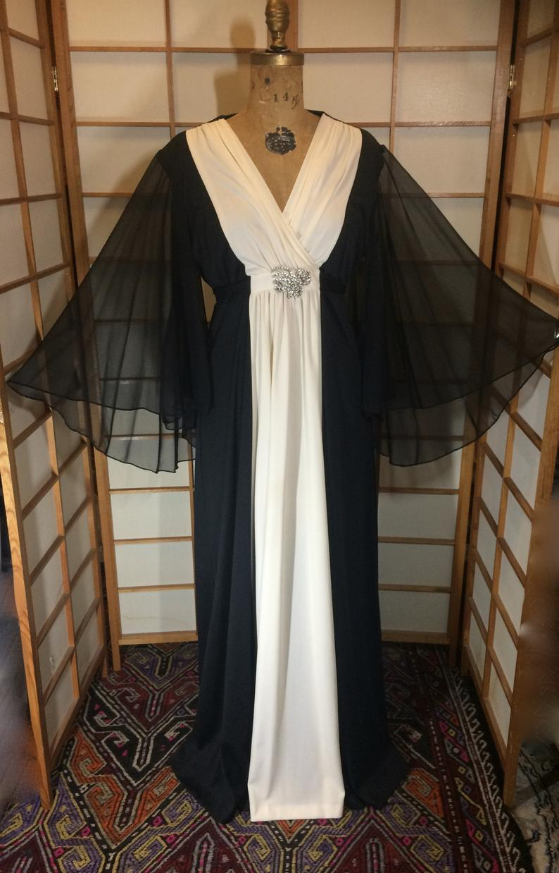 70s Angel Wing Maxi Dress--Empire Waist Black and White Piano Keys Dre LilliAnnFashions 70s Angel Wing Maxi Dress--Empire Waist Black and White Piano Keys Dre LilliAnnFashions