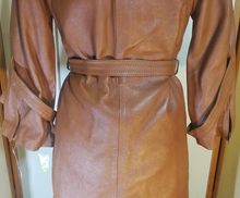 Load image into Gallery viewer, Deadstock with Tags New 70s Caramel Mocha Leather Trench Coat Spy Fit and Flare Princess Boho Chic S/M