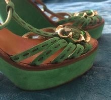 Load image into Gallery viewer, Vintage 70s Style_Early 2000&#39;s Designer Green Suede Marc Jacobs Size 6 EU 36 Made in Italy Jeweled Strappy Platform Pinup Sandals 5&quot; High