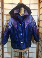 Load image into Gallery viewer, Vintage 80s 90s Glam Street Wear Puffer Purple Patchwork Blue Moon Velvet Tapestry Hooded Coat Irridescent L/XL