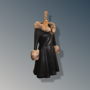 Vintage 70’s Leather Coat with Fox Fur Hood and Cuff Trim Princess Full Flare Skirt Rare OOAK 36/38 Bust Sargent Pepper Double Breasted
