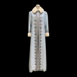 60’s “Jackie Kennedy Style” Full length Opera Gown Coat in Light Blue Hand Beaded Crystal and Ermine Mink Trim