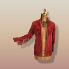 Load image into Gallery viewer, 70’s Red Thick Suede Fringe Coat Cowgirl Cowboy Southwestern Native American Style Boho Hippy