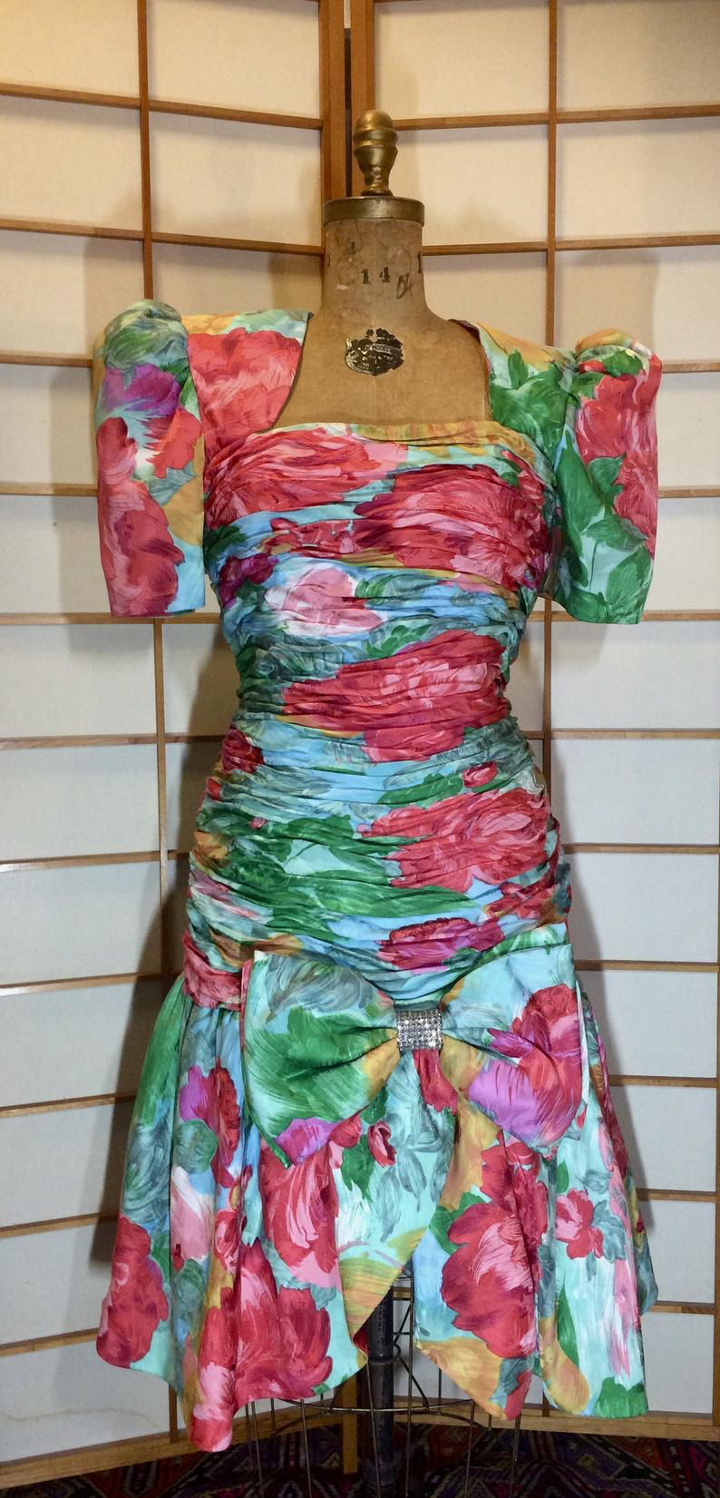 80s Does 40s Glam Ruched Floral Spring Drop Waist Puff Sleeve Dress