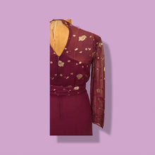 Load image into Gallery viewer, 70’s 80’s Vintage Bergundy Purple Chiffon High Low Floral Dress Tassle Extra Belt