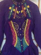 Load image into Gallery viewer, 80s Purple Pants Suit Glam Avant Gard Silk Metal Studded Magenta Turquoise Cutout Sheer XS/S