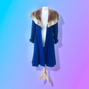 40’s Vintage Cobalt Blue Fit Flare “New Look” Princess Full Skirt Coat with Massive Shearling Mouton Ombré Collar