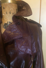 Load image into Gallery viewer, Vintage 70s Leather Coat Spy Unisex Trench Belted Fit and Flare Burgundy Oxblood M