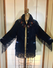 Load image into Gallery viewer, Vintage coat--Fringe Suede Embroidered Western Cowgirl Black Jacket Coat Up to 40" Bust