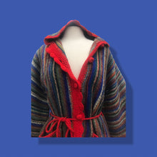 Load image into Gallery viewer, Red Columbian Peruvian Wool Hand Knit vintage Jacket Sweater 70’s Red Stripe Blanket Sweater