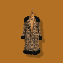 Load image into Gallery viewer, 60’s 70’s Tapestry Carpet Coat Hippy Russian Princess Natural Colors Gold Beige Coffee Tone with Shearling Trim Boho Chic Penny Lane