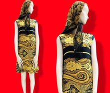 Load image into Gallery viewer, 60’s Silky Set Shift Dress Marching Scarf Navy Gold