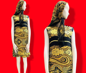 60’s Silky Set Shift Dress Marching Scarf Navy Gold