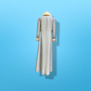 60’s “Jackie Kennedy Style” Full length Opera Gown Coat in Light Blue Hand Beaded Crystal and Ermine Mink Trim