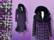 Load image into Gallery viewer, 60’s Purple Woven Wool Coat with Genuine Fur Peplum and Collar Plaid