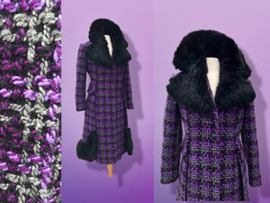 60’s Purple Woven Wool Coat with Genuine Fur Peplum and Collar Plaid