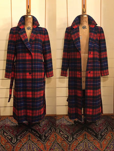 Vintage 70s Pure Wool Pendleton Red and Back Plaid Tartan Coat Belted Fit and Flare Career Fall Winter Evening