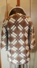 Load image into Gallery viewer, 60s Geometric Mink Leather Coat --Mod Mosaic Mink White and Brown Patchwork ColorBlock Coat S/M